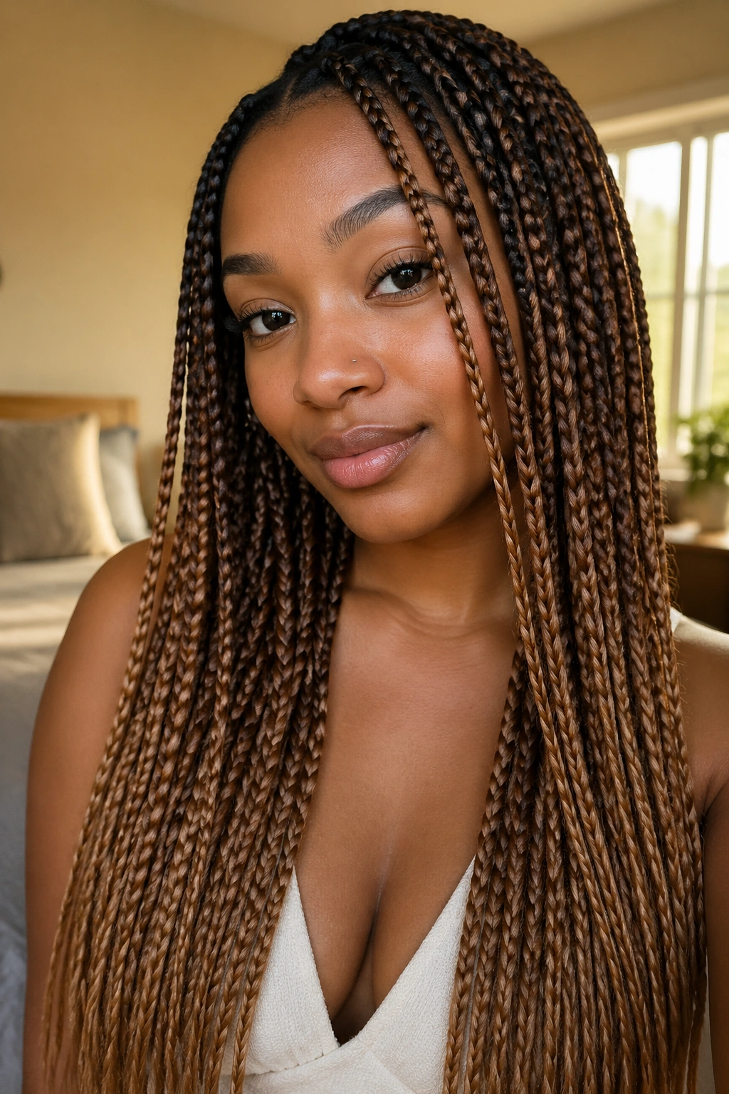 Close-up of a real woman with caramel ombre long box braids in warm bedroom lighting