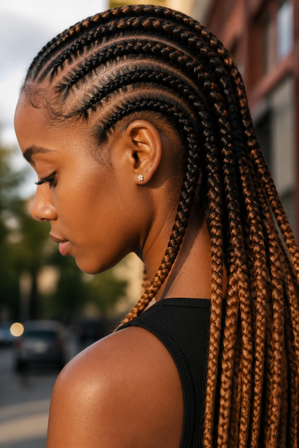 Close-up of black-to-caramel ombre cornrows on a real person