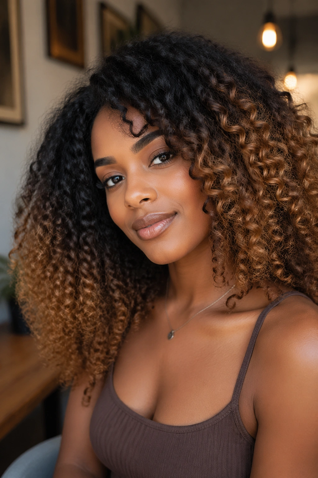 Close-up of dark brown natural curls with caramel ombre transition