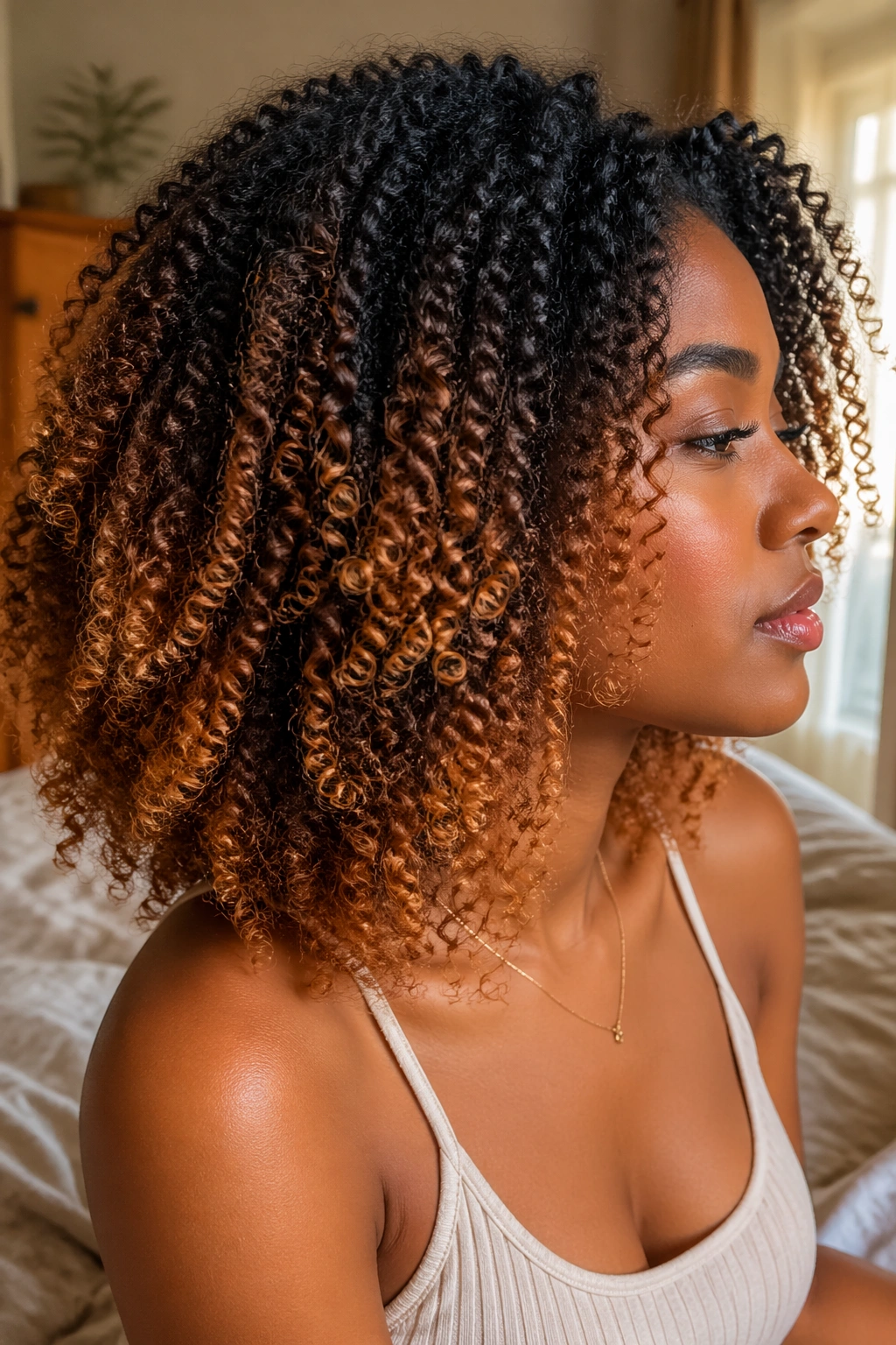 Close-up of natural curly hair with dark roots fading to caramel ombré on a real person