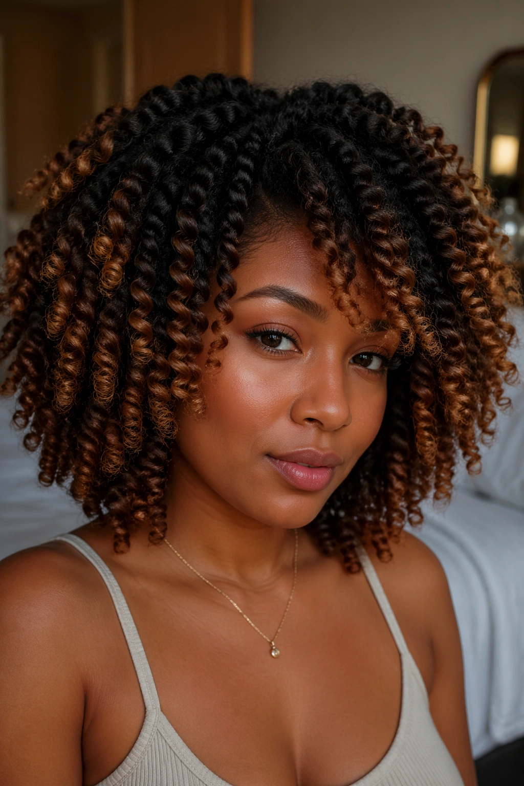 Close-up of real woman with caramel ombré twist-out, dark roots to caramel ends, warm window light