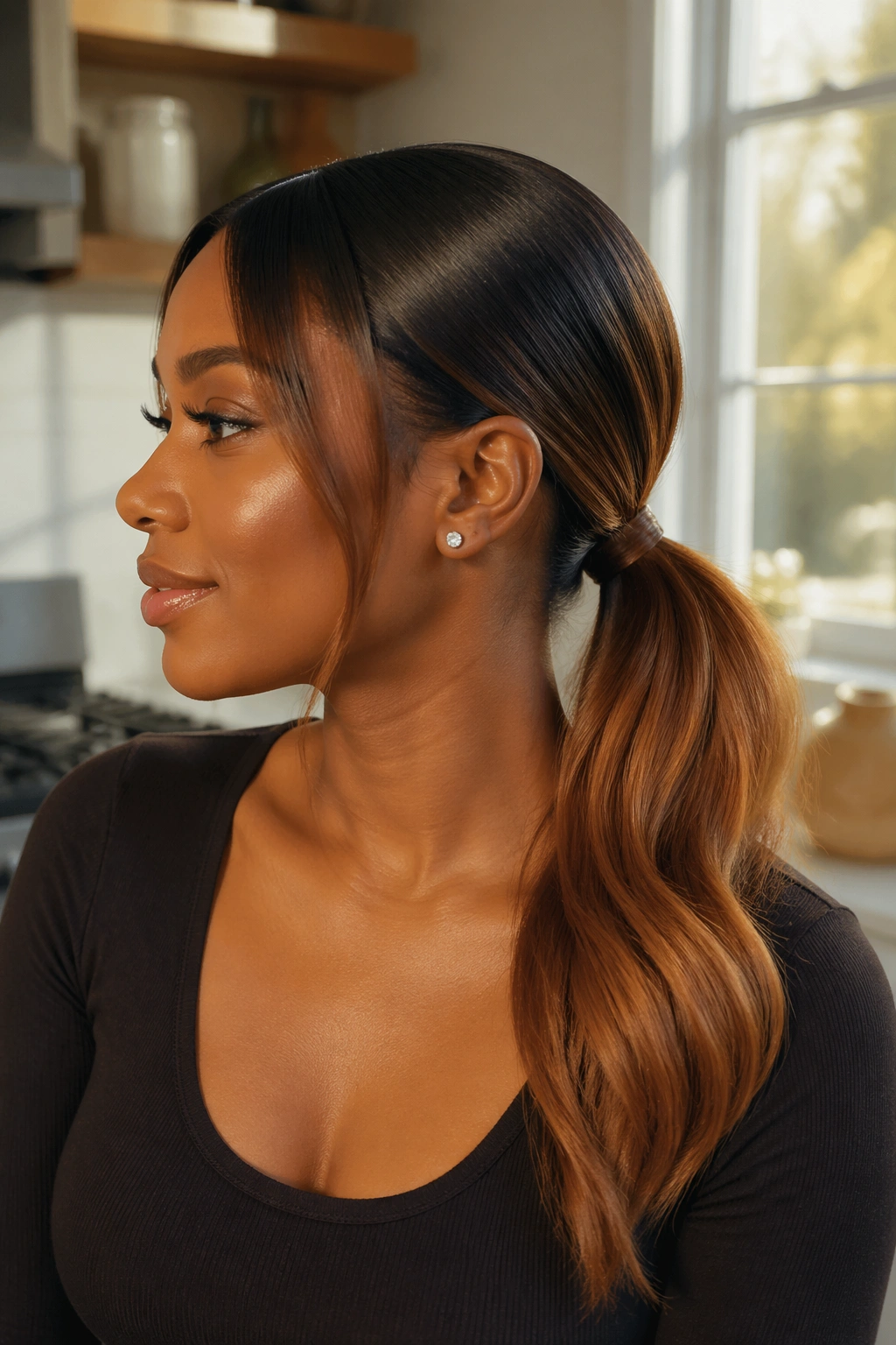 Close-up of a real woman with a caramel ombre low ponytail at the nape