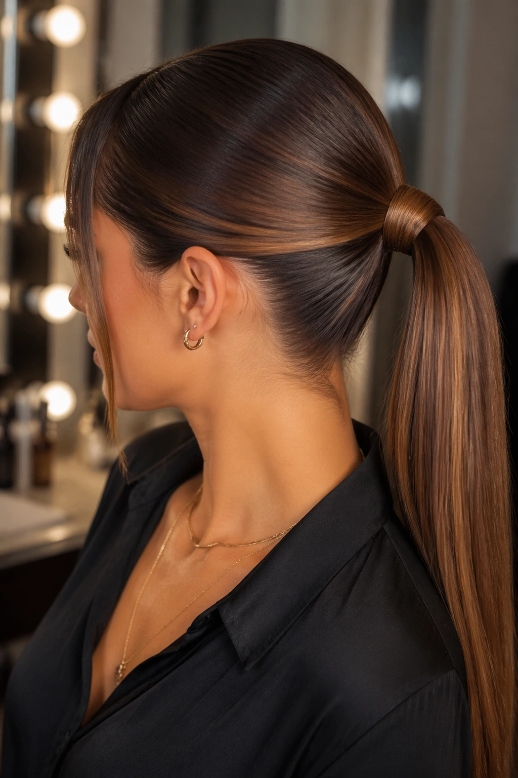 Close-up of a real woman with a caramel-wrapped ponytail at the base