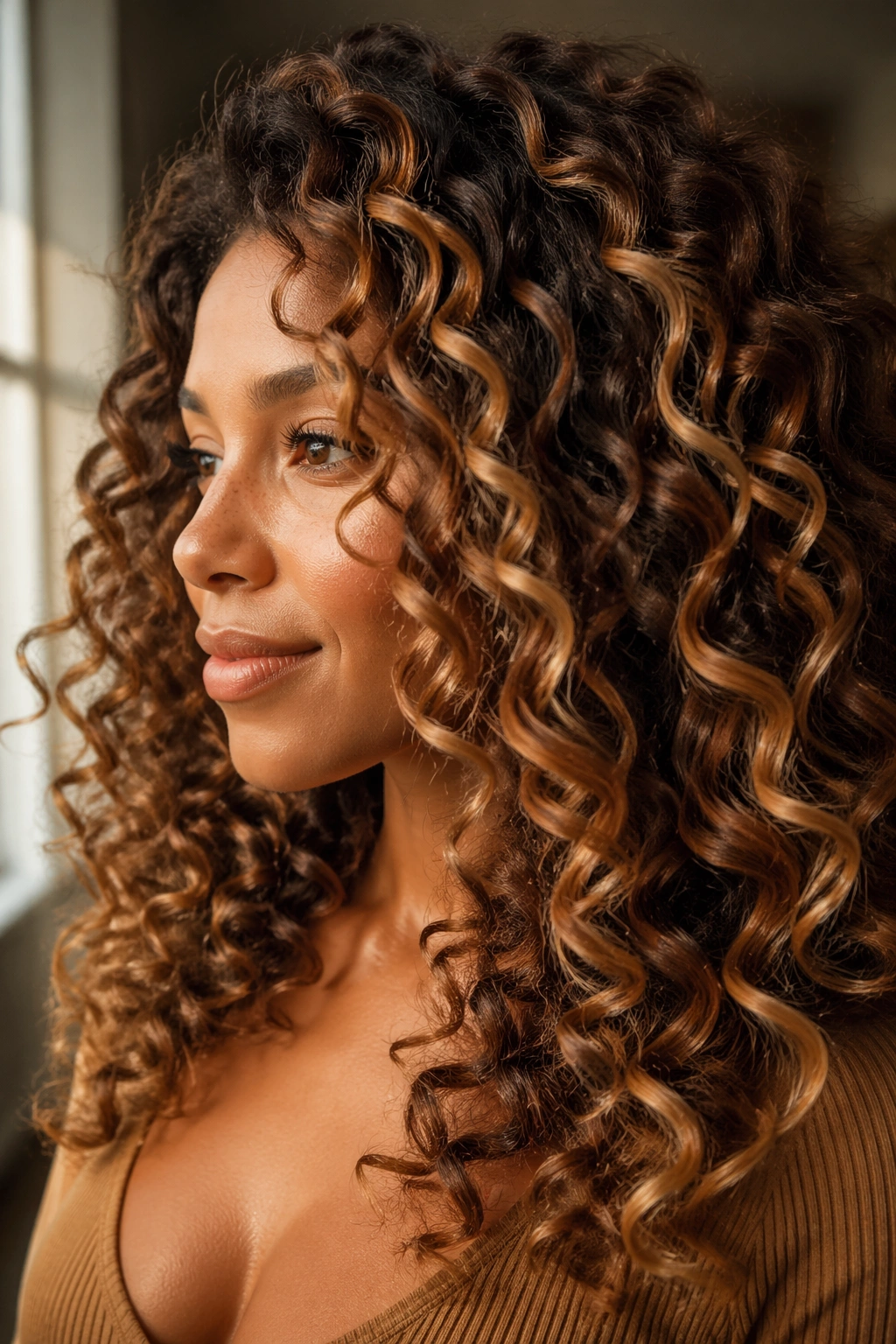 Close-up of curly hair with caramel ribbons along the curls