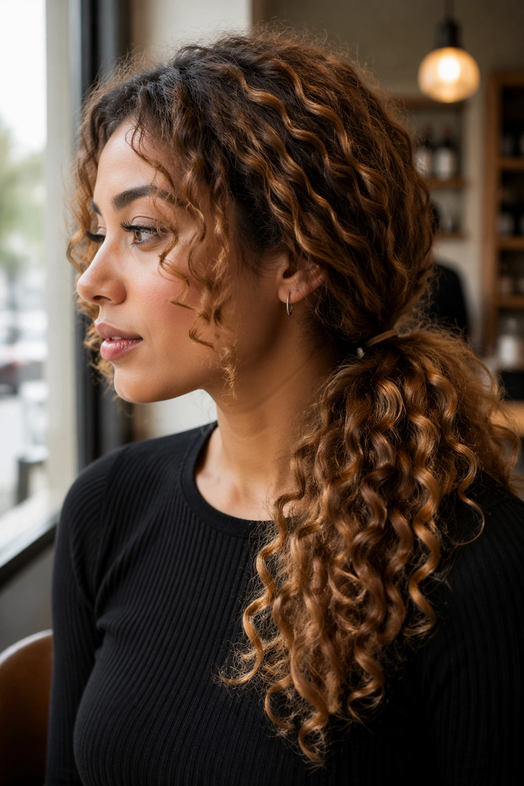 Side profile of a real woman wearing a caramel side ponytail with curls around the face.