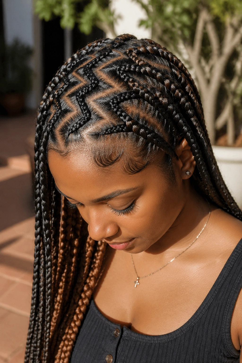 Real person with zigzag top cornrows and caramel underlayer