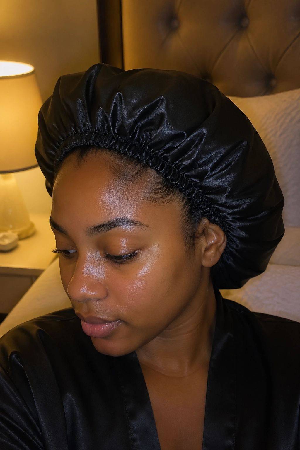 Woman with silk bonnet protecting feed-in ponytail in a softly lit bedroom.