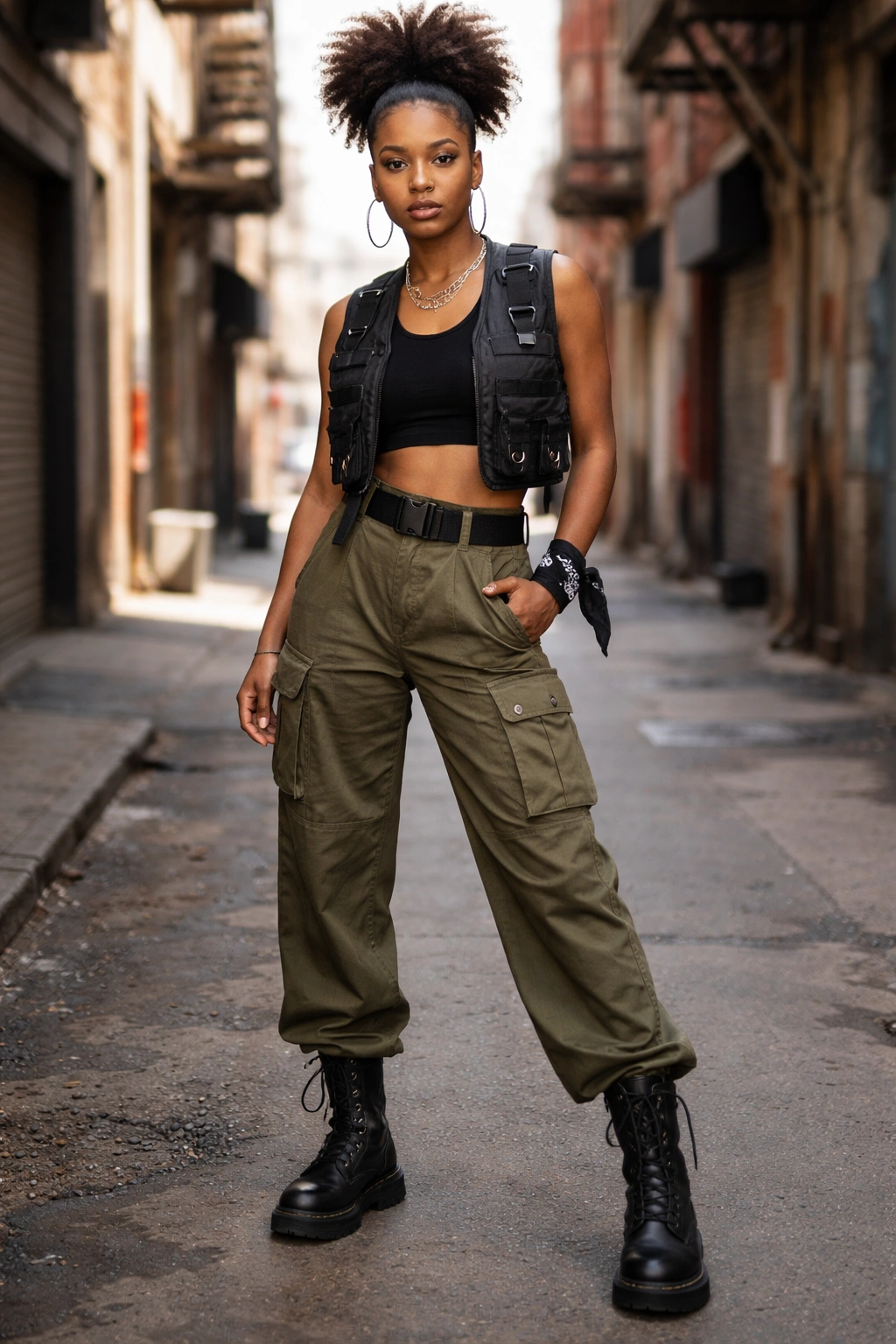 Real woman in cargo pants with cropped tee and utility vest on urban street