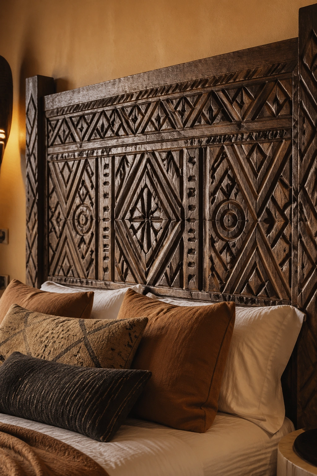 Carved wooden headboard with African geometric motifs