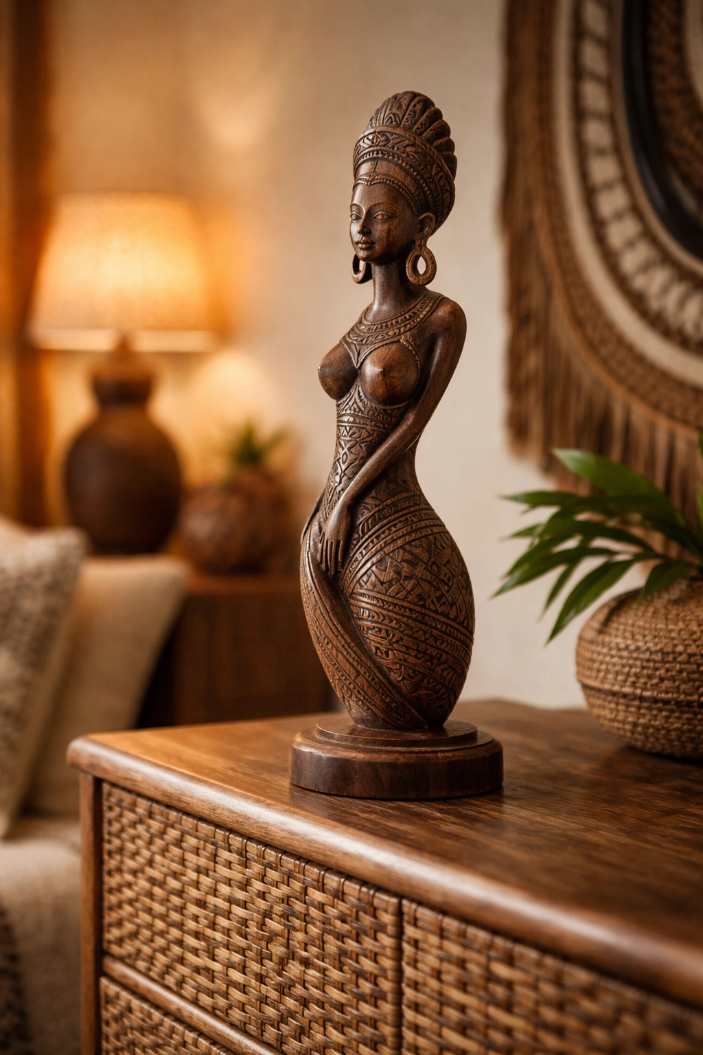 Single carved wooden sculpture on a dresser with warm light.