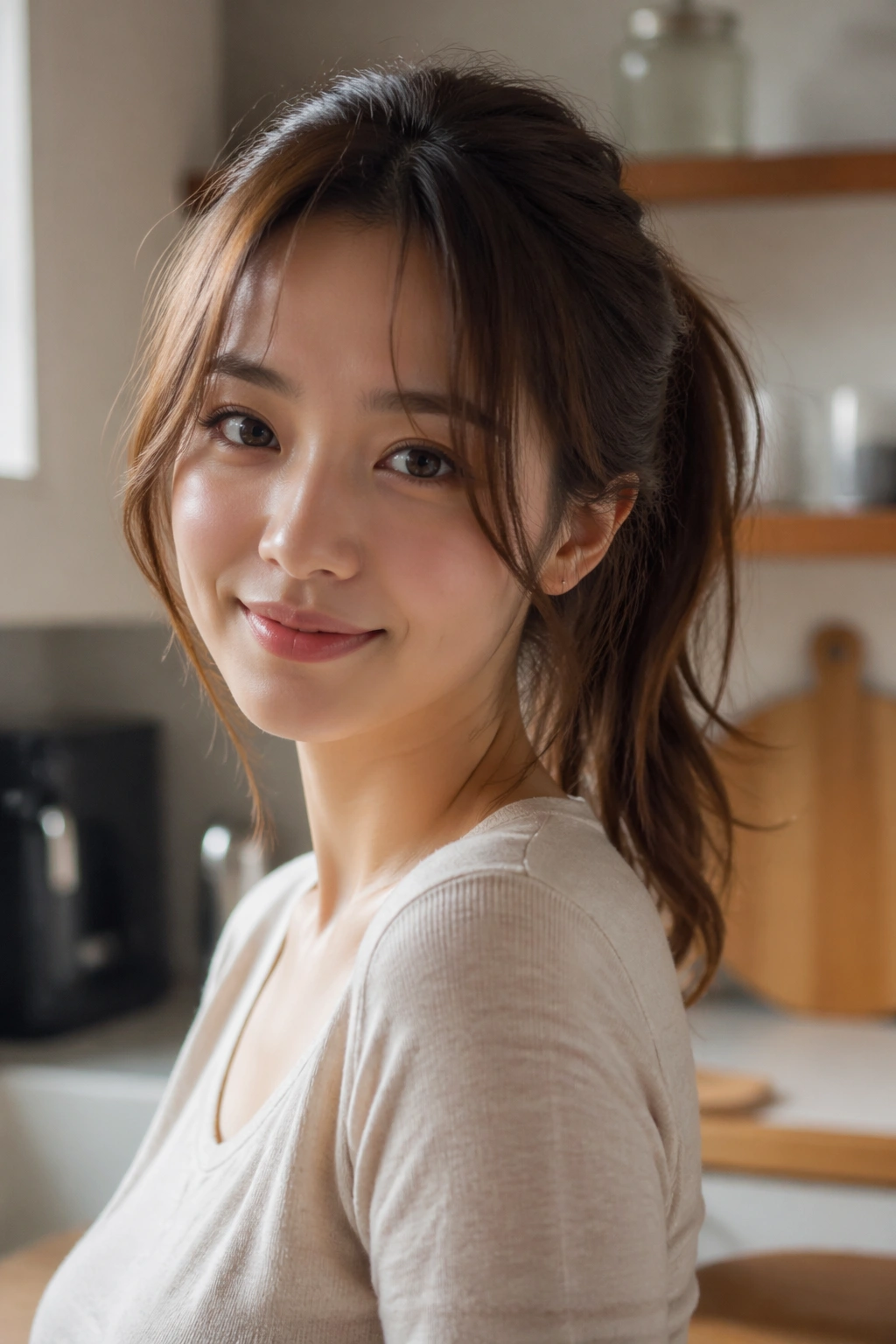 Portrait of a woman with casual everyday ponytail and light curtain bangs