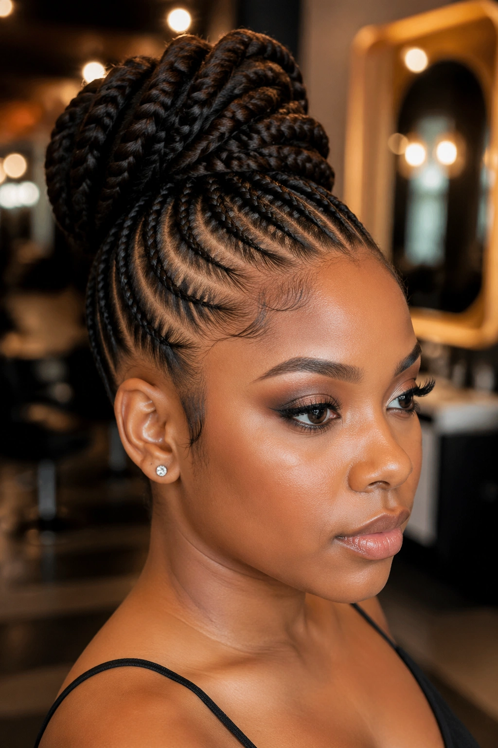 Portrait of a real woman with cathedral twists in an updo