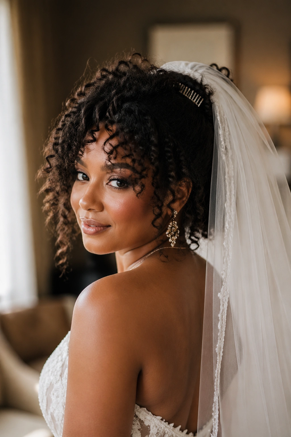 Bride with cathedral veil and natural curls in a softly lit bridal suite