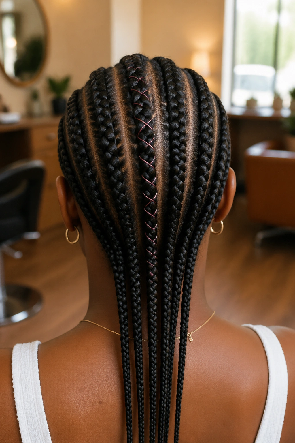 Back-of-head portrait showing all-back cornrows with a center accent braid