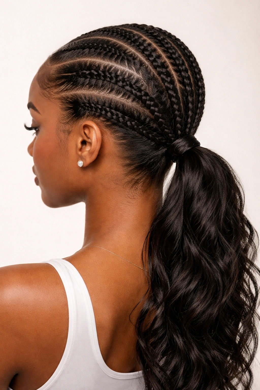 Low cornrow ponytail with a single center braid accent