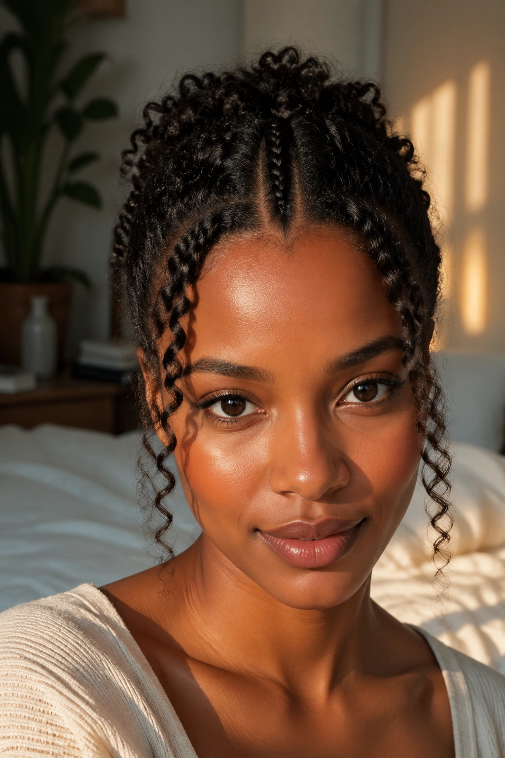 Close-up of a real woman with a straight center braid and two loose curls beside her face