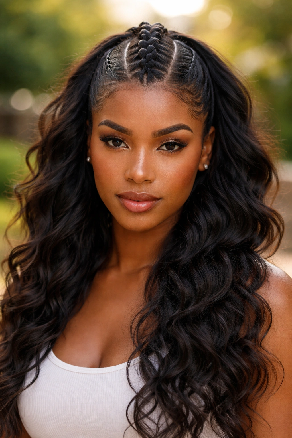 Close-up of a woman with a large center cornrow and loose hair around her face