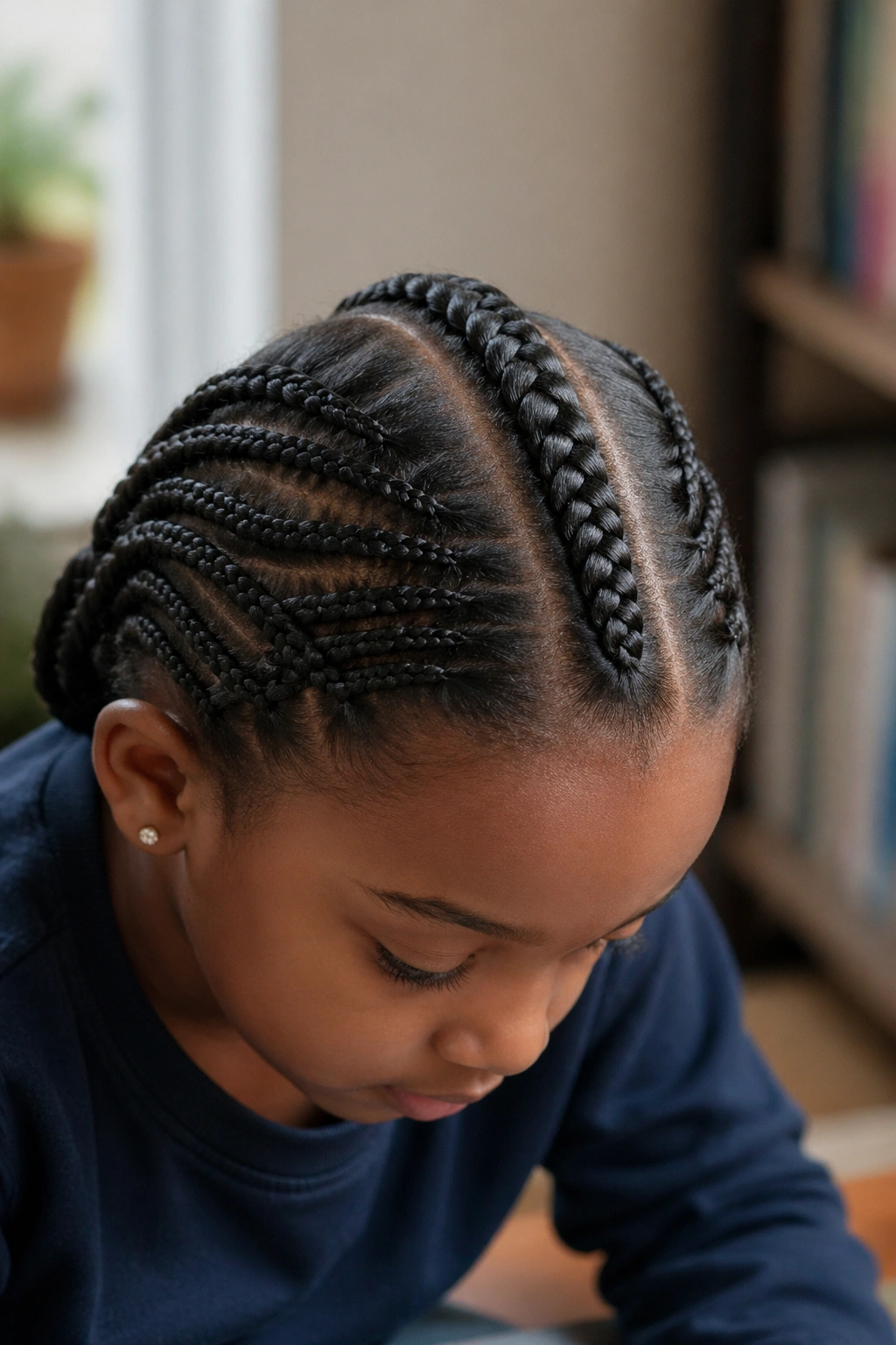 Child with a center cornrow and side twists in a well-lit indoor setting.