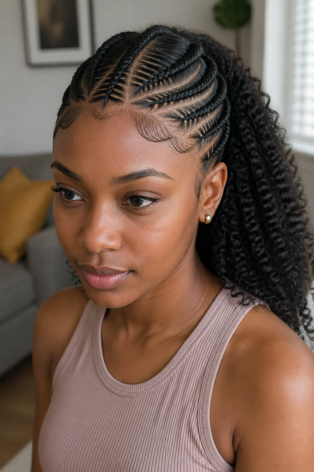 Center and side cornrows with natural curls at back on a real person