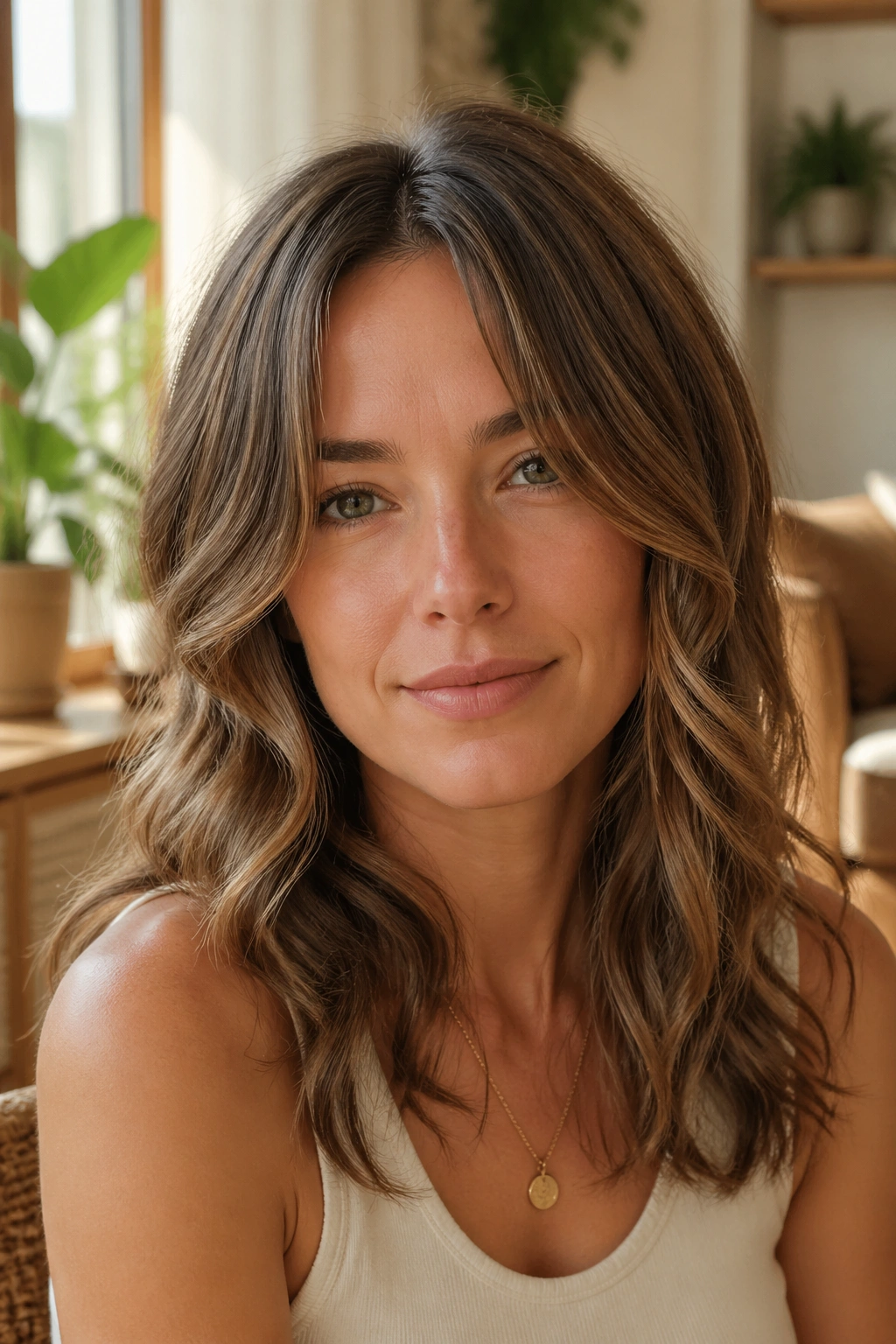 Close-up of a real woman with center-part grown-out bangs and soft waves