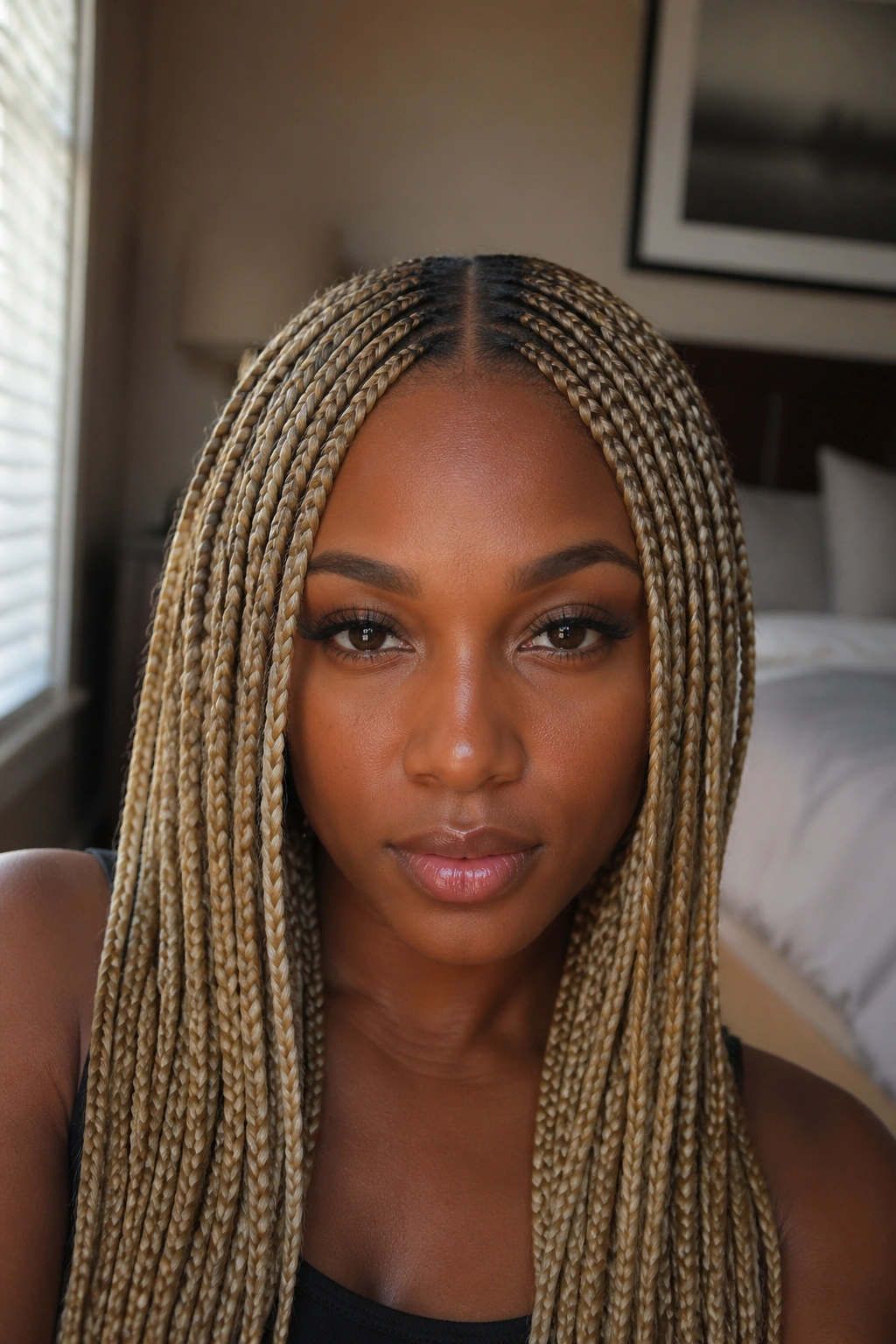 Close-up portrait of a Black woman with center-part sleek blonde braids in natural light
