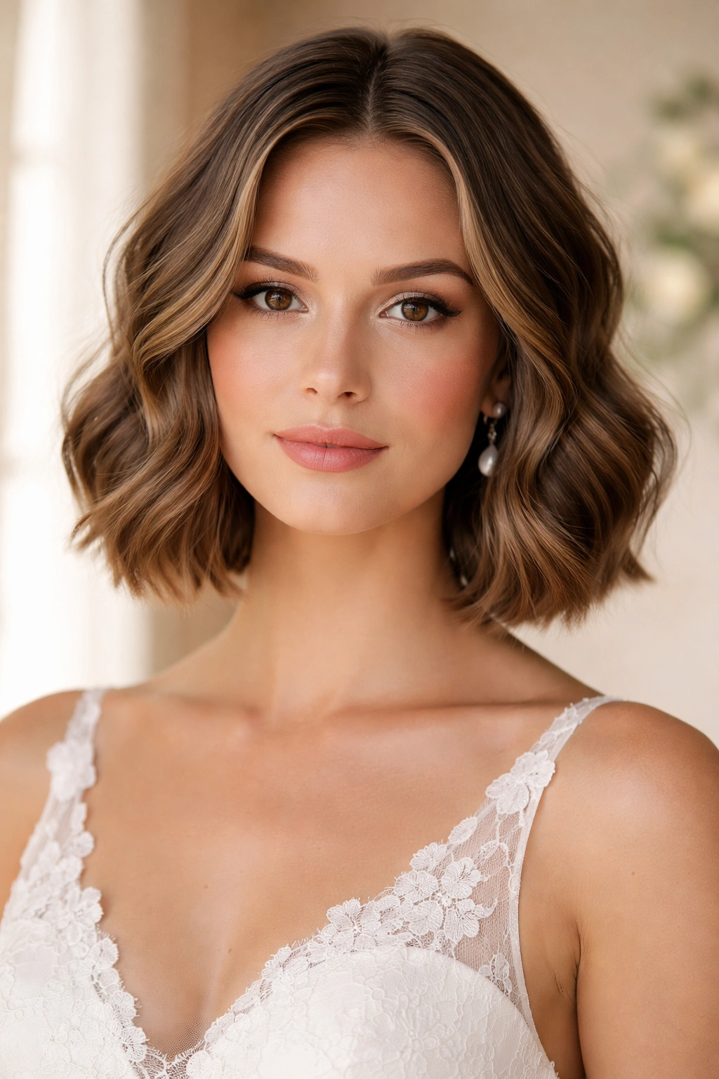 Close-up of a real bridesmaid with a soft center-part bob and loose waves