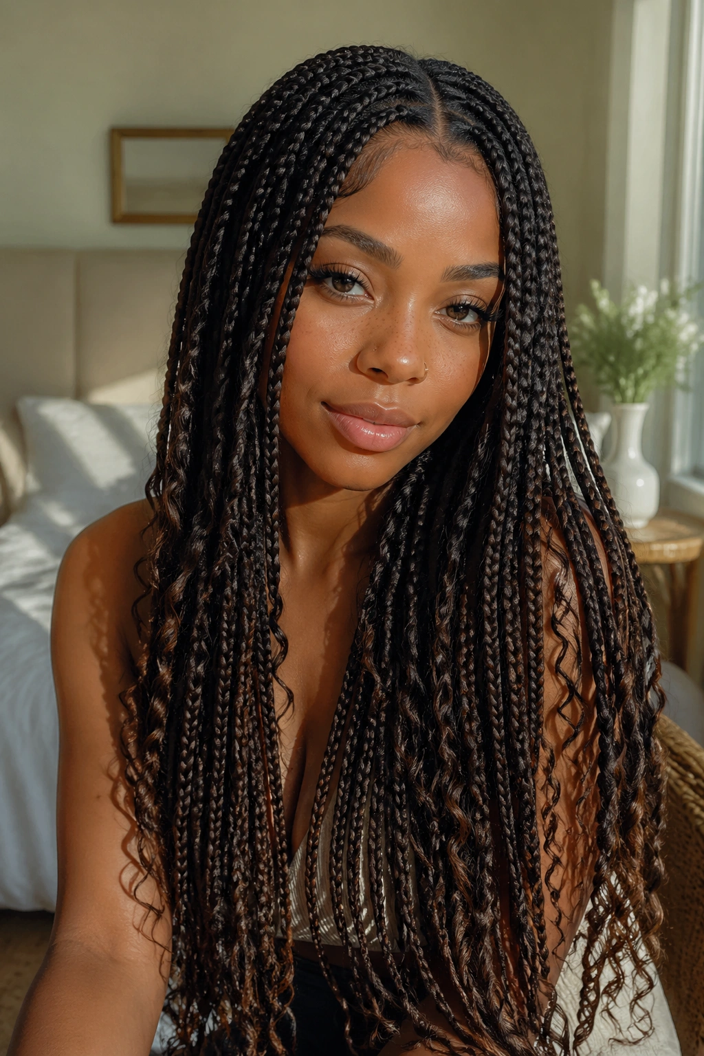 Close-up portrait of a real woman with center-part waist-length boho box braids in a cozy bedroom