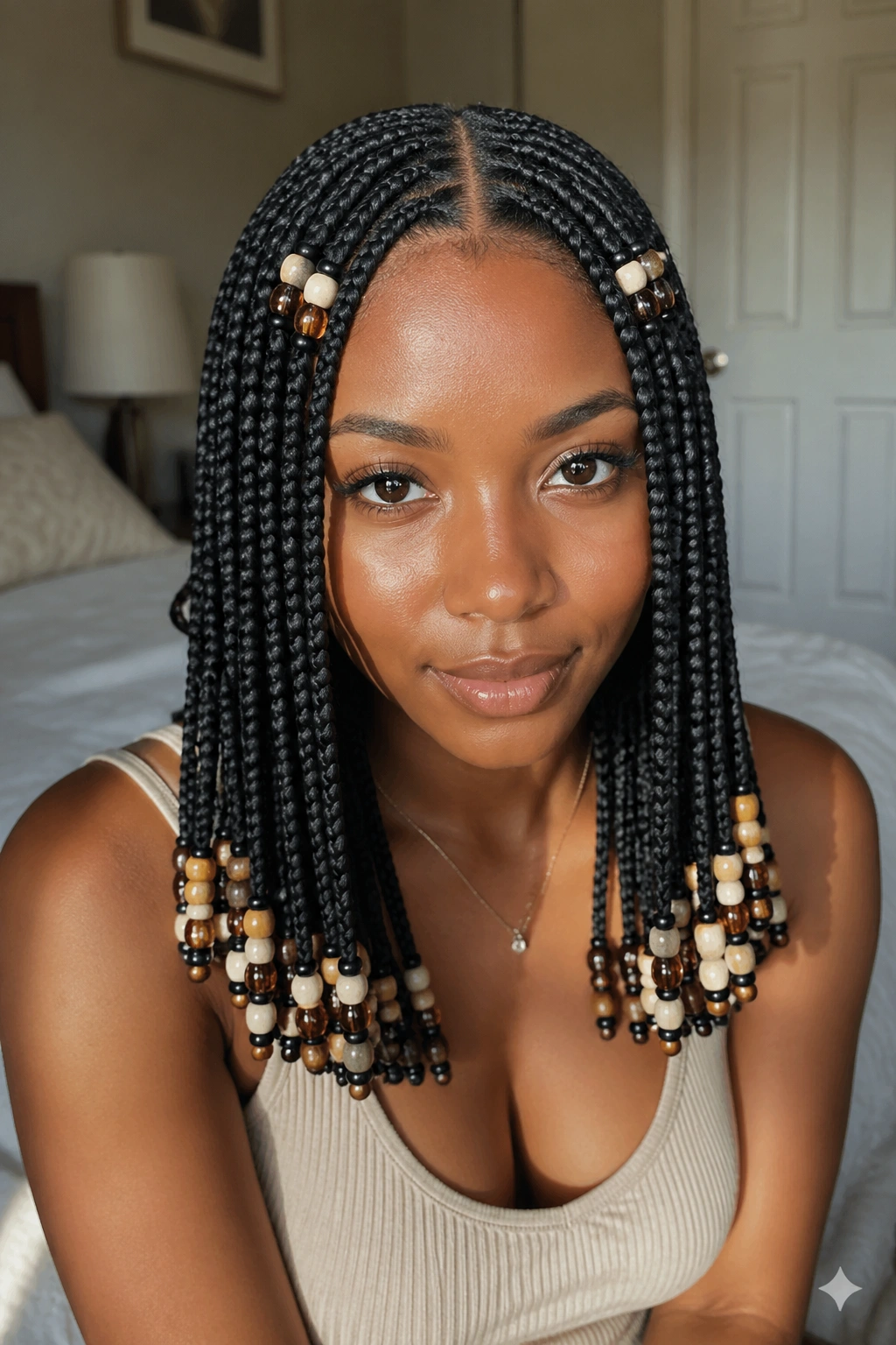 Center-part box braids with beads close-up of a real woman