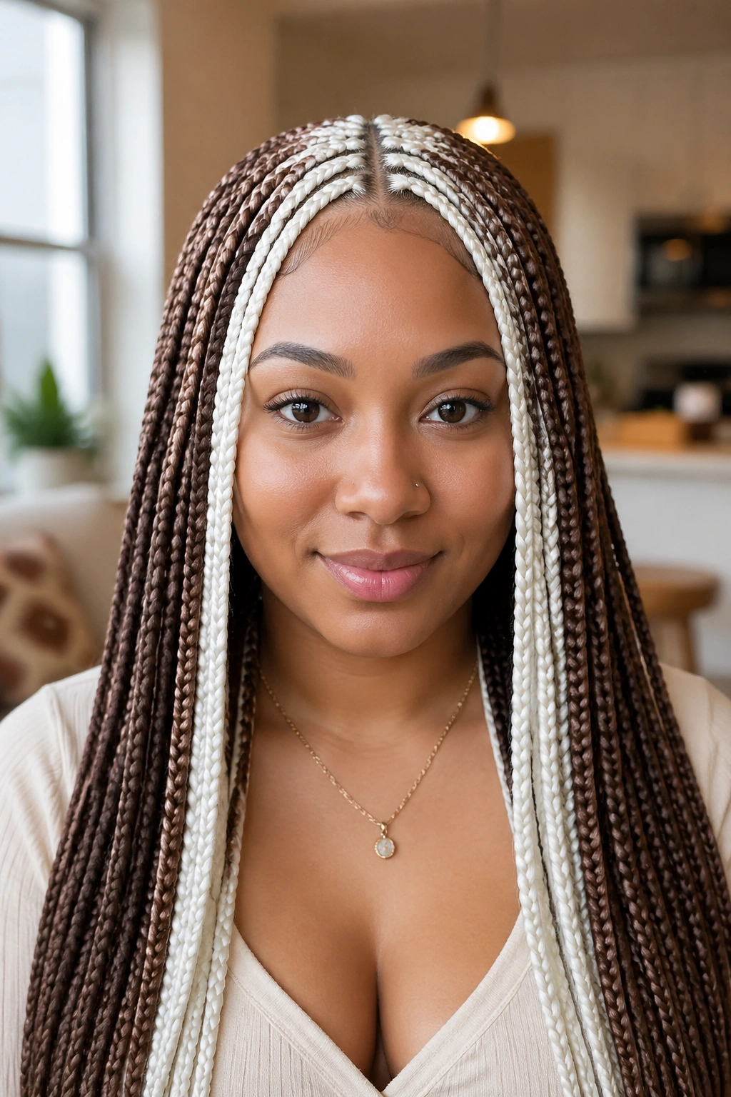 Close-up portrait of a real woman with a center-part brown and white box braid hairstyle