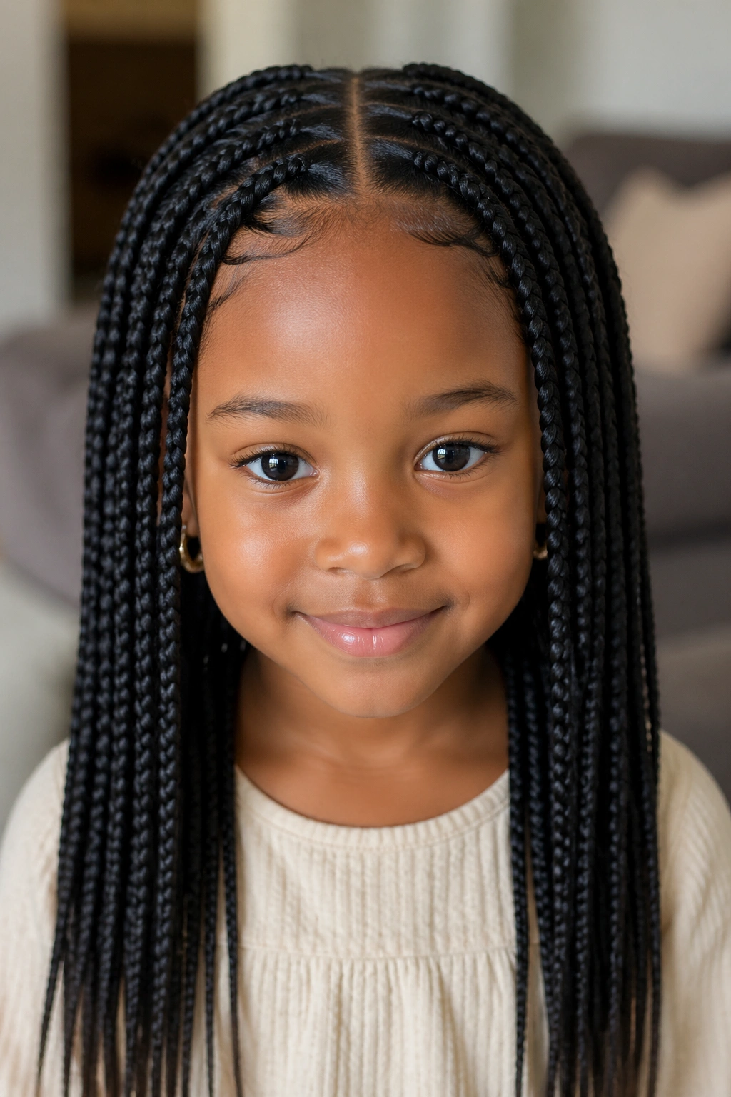 Close-up of a young girl with center-part box braids