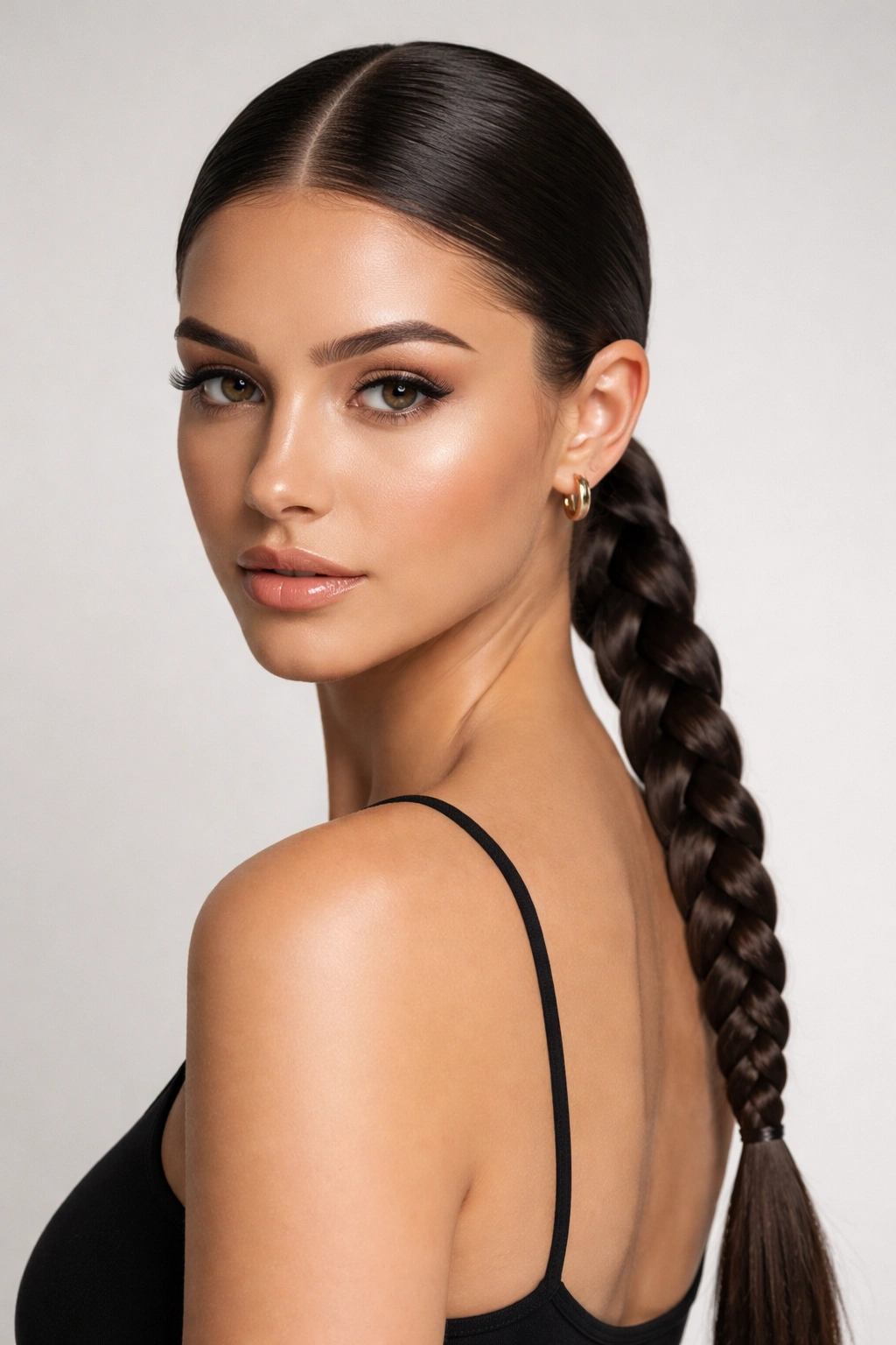 Center-part sleek three-strand braid ponytail on model at nape