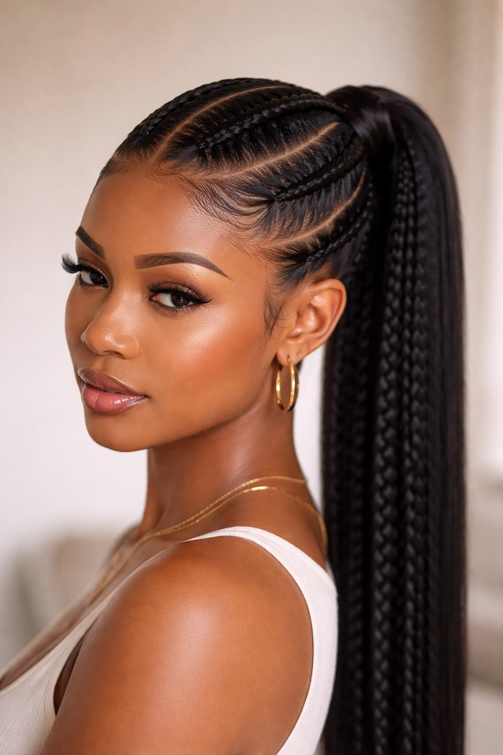Close-up of center-part feed-in braids forming a smooth ponytail with wrapped base