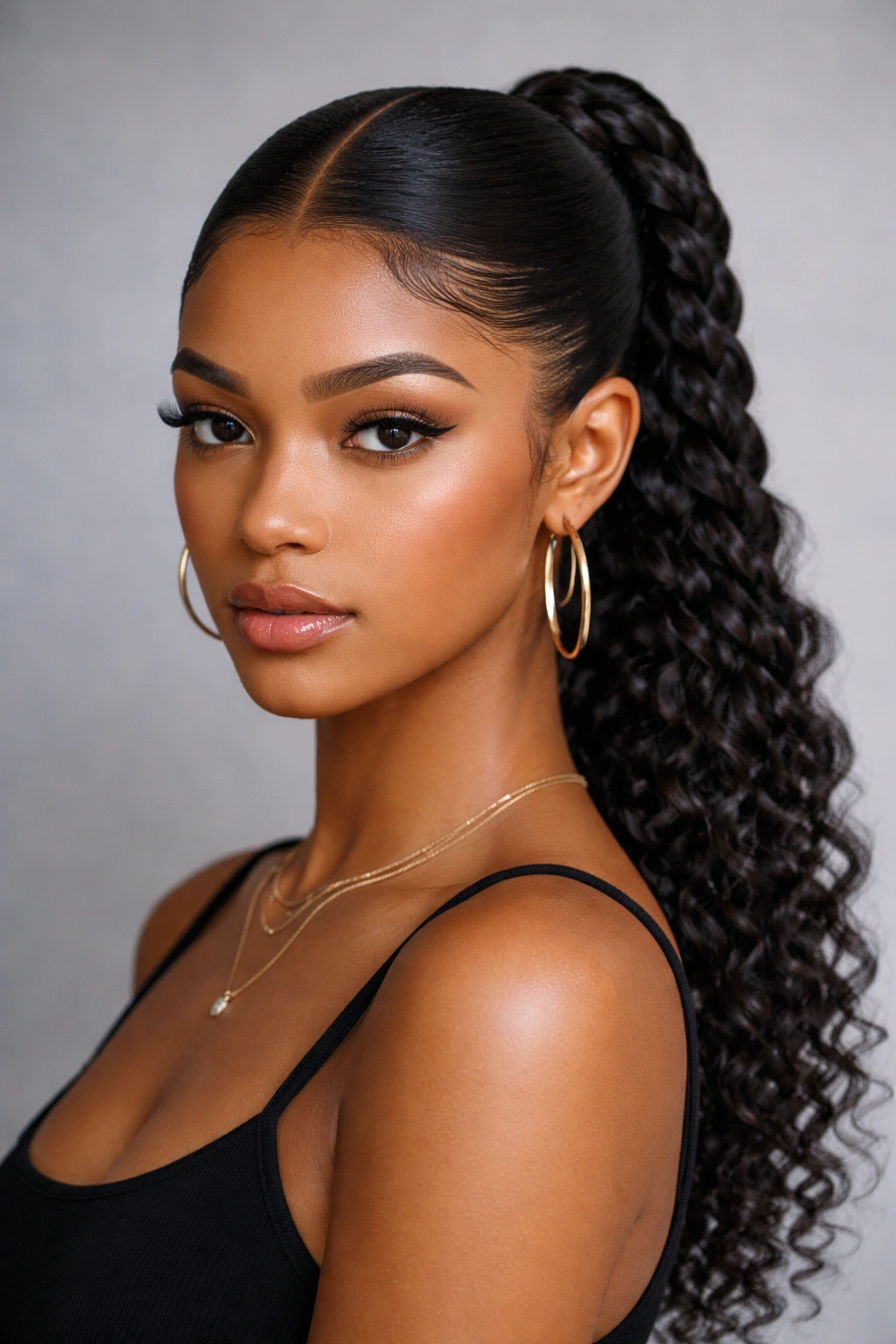 Sleek braided ponytail with slick center part on curly hair