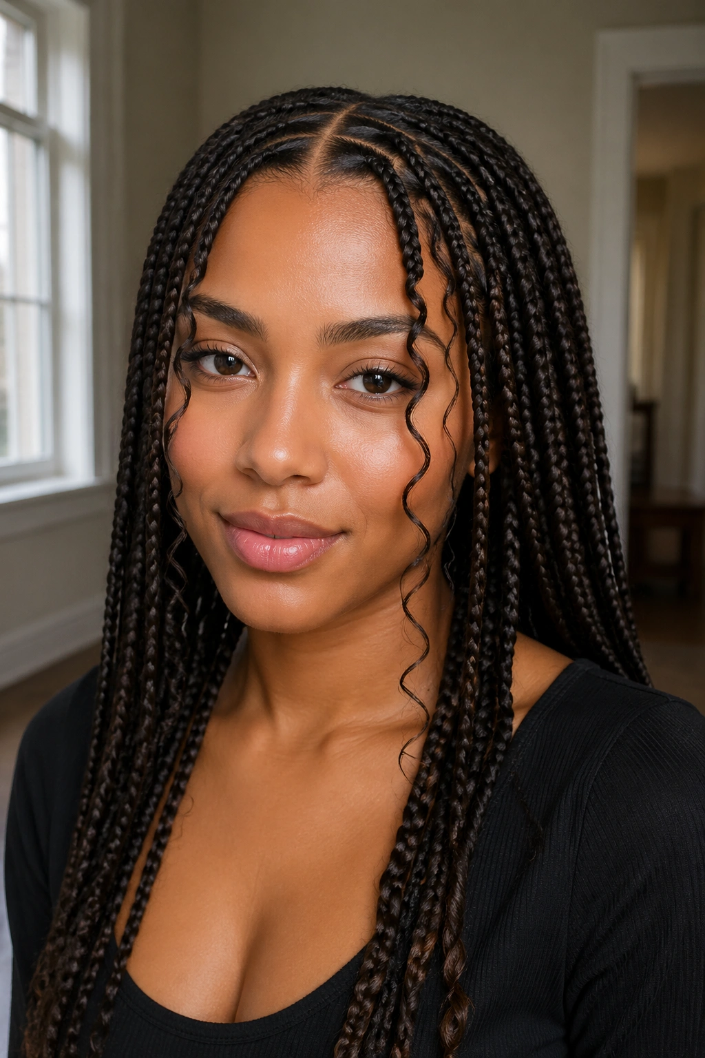 Portrait of center-part knotted braids with face-framing curls on a real person