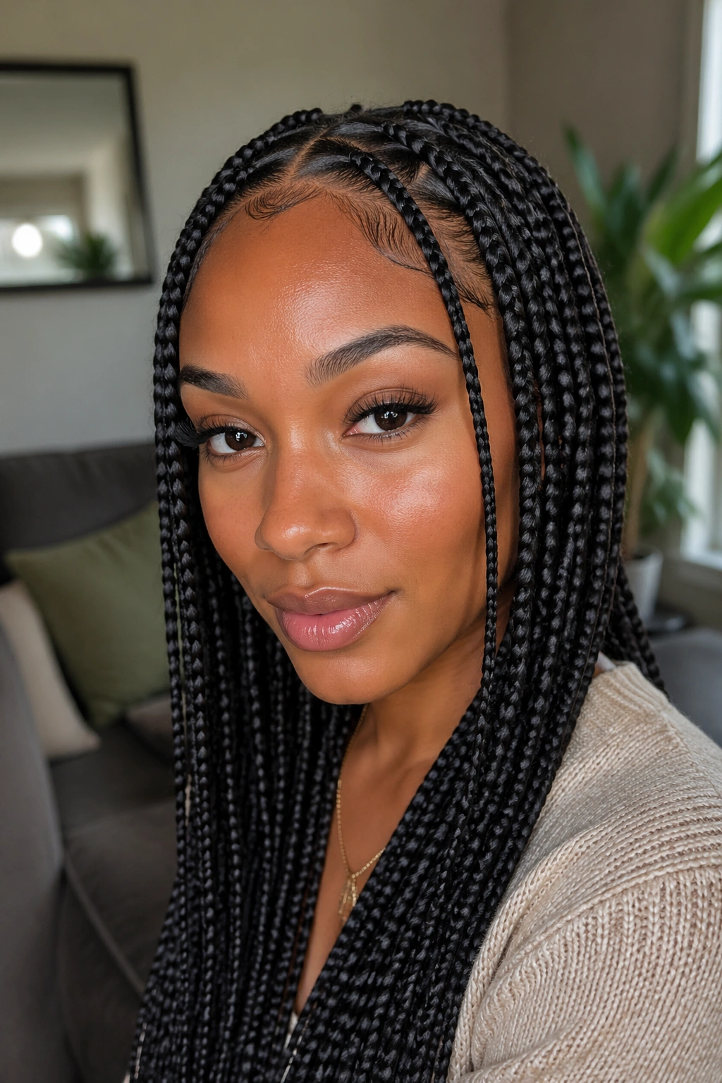 Close-up of a real woman with a center-part Fulani box braid style featuring slim front cornrows.