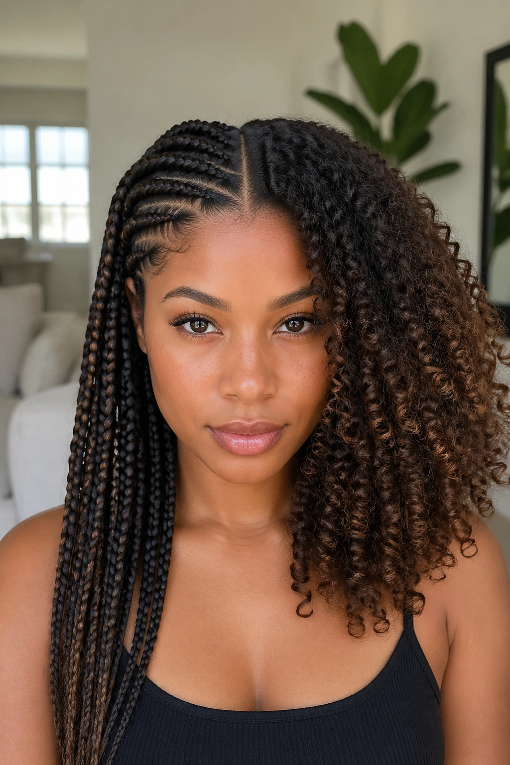 Portrait of a woman with a precise center division of braided and curly halves