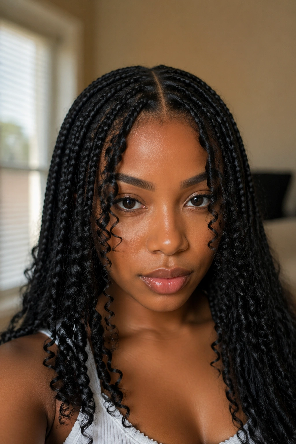 Center-part goddess box braids on a real woman with symmetrical front curls