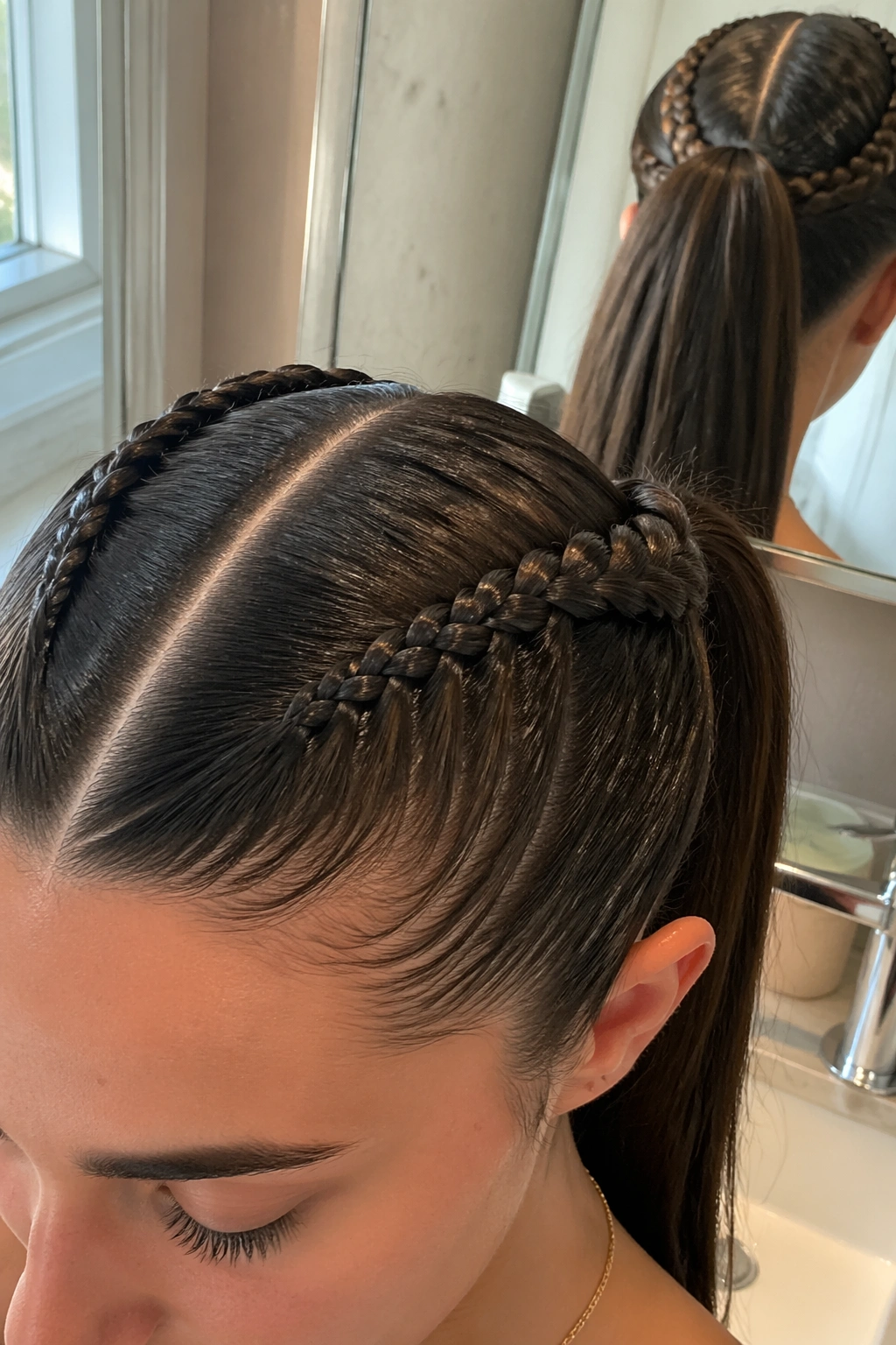 Close-up of Sleek Center-Part Double Braided Ponytail detail with crisp part and narrow braids.