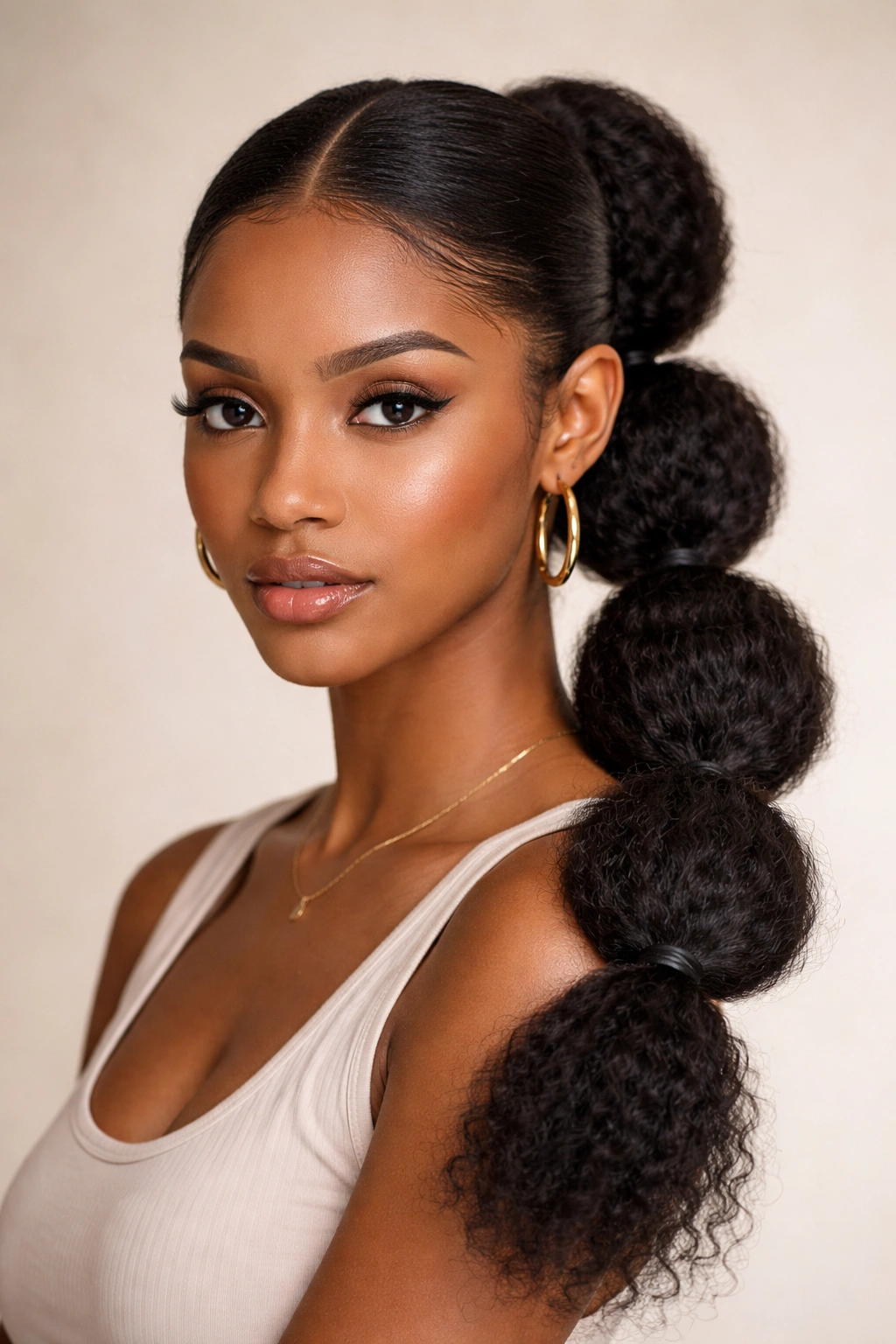 Center-part bubble ponytail with symmetrical bubbles and neat part.