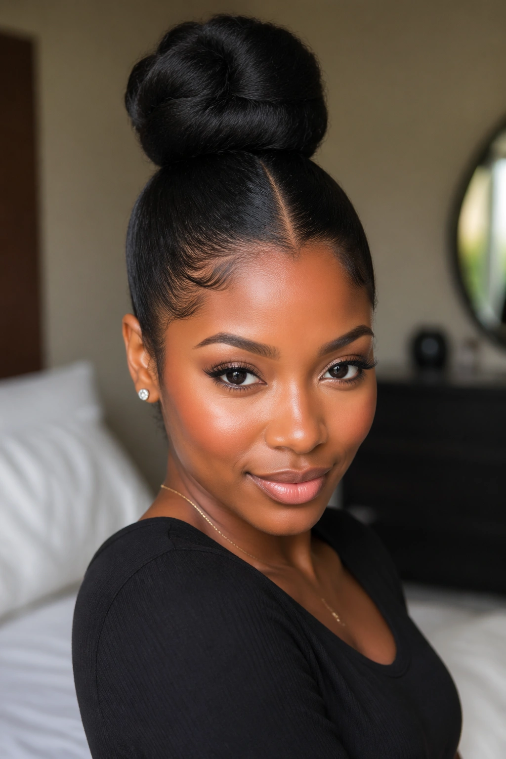 Close-up portrait of a real Black woman with center-part and high sculpted bun in natural light