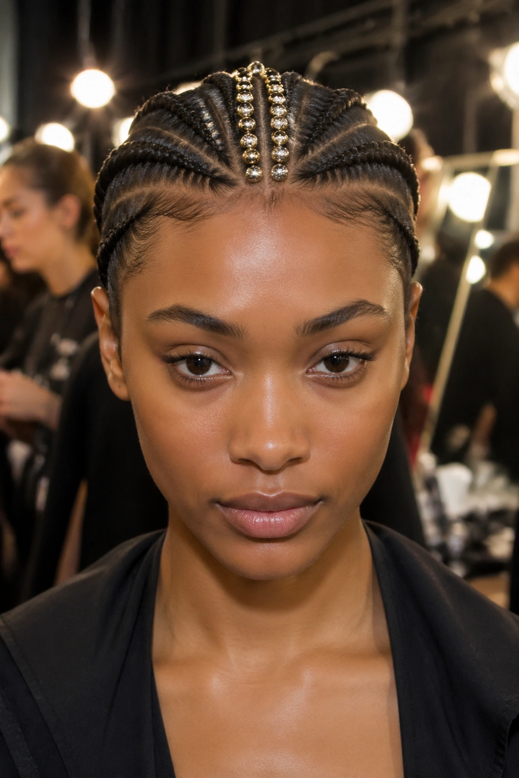 Portrait of a woman with beaded center-part cornrows forming a crown at the scalp