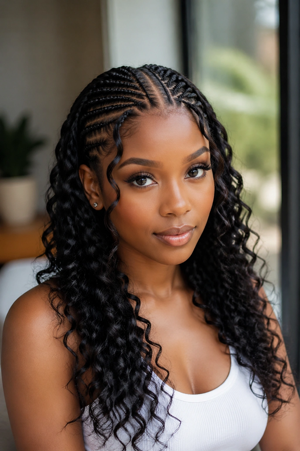 Close-up of a woman with center-part goddess cornrows and loose spiral curls.