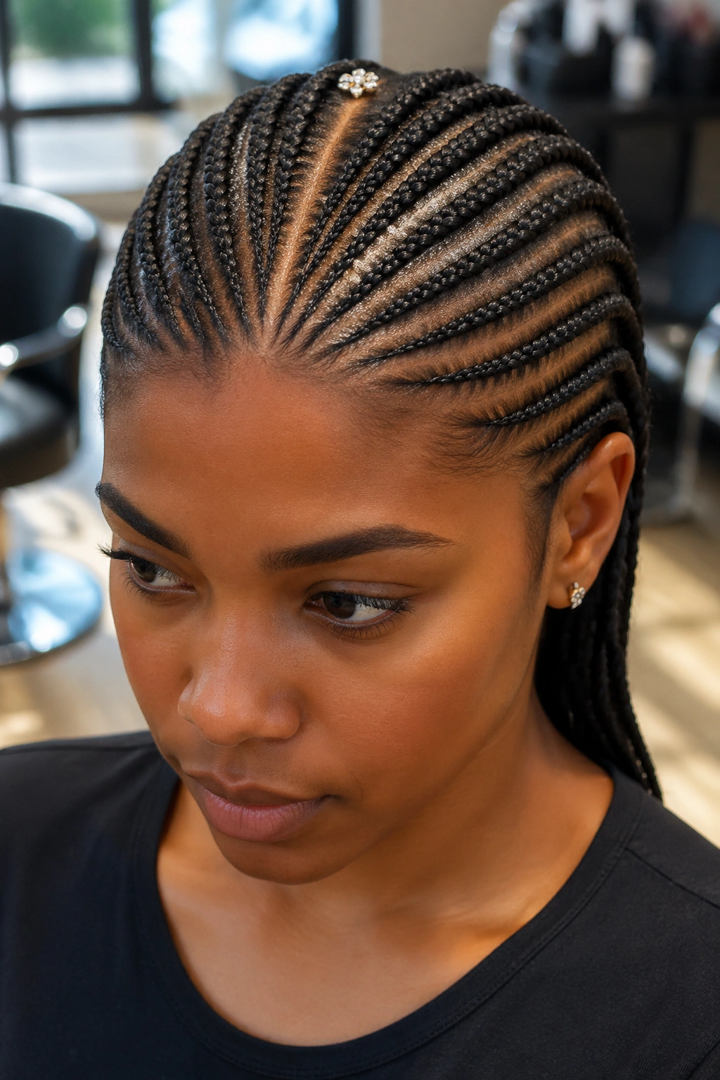 Close-up of a real woman with a laser-straight center-part and mirrored cornrows.