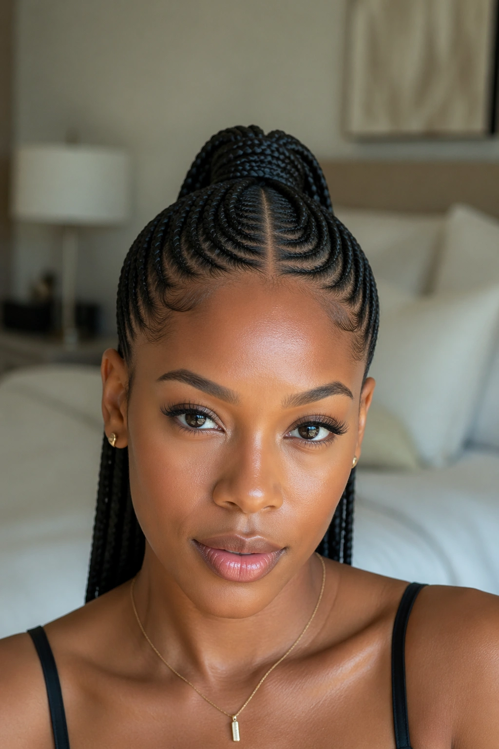 Close-up portrait of a real Black woman with a sleek center-part cornrow high ponytail