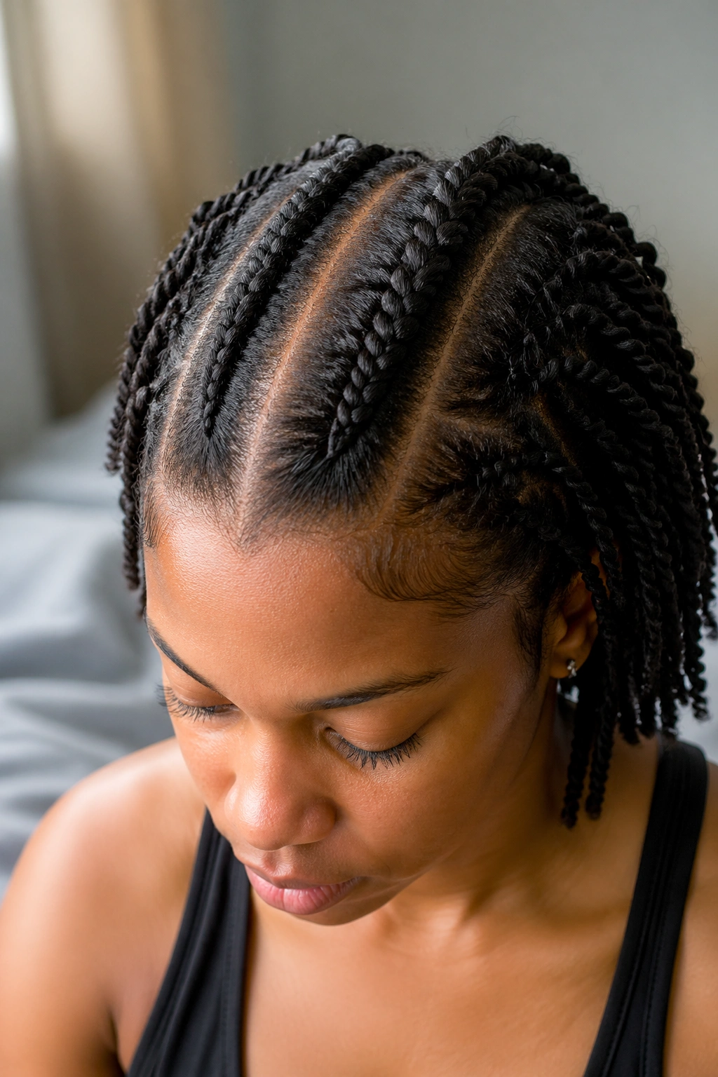 Close-up of center-part double cornrows with twists on a real person, two thick cornrows framing a center part with twists.