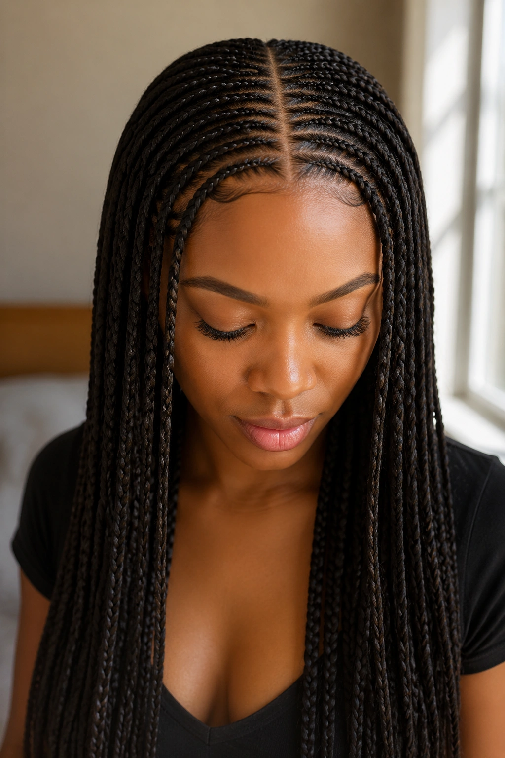 Close-up of a real woman's head with a deep center part and symmetric cornrows ending in twists.