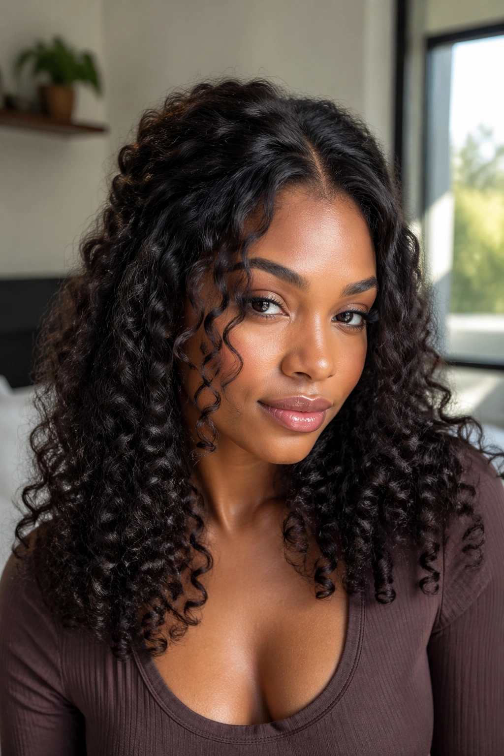 Close-up of a real woman with romantic center-part curls and a soft crown lift.