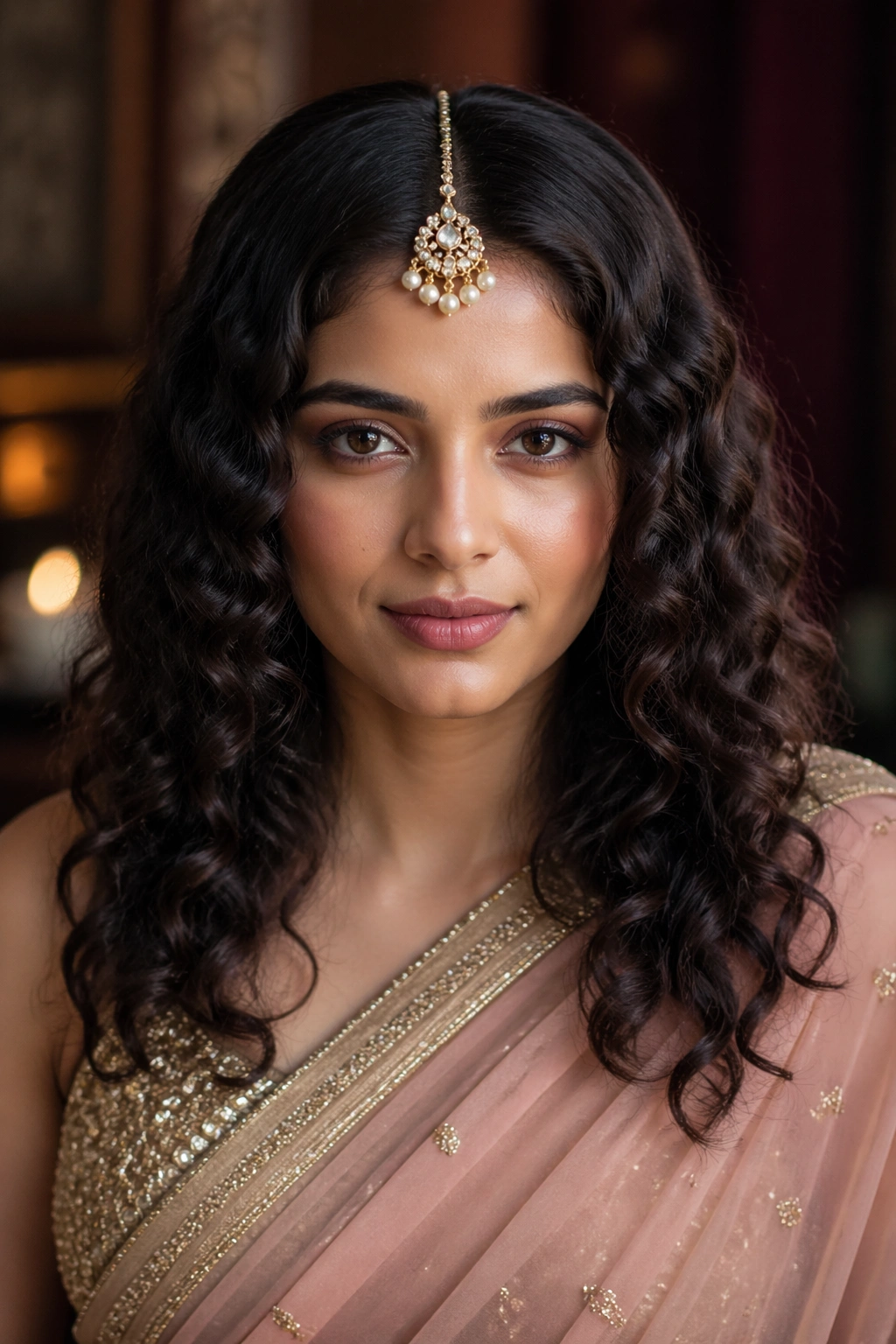 Portrait of a woman with center-parted curls and maang tikka