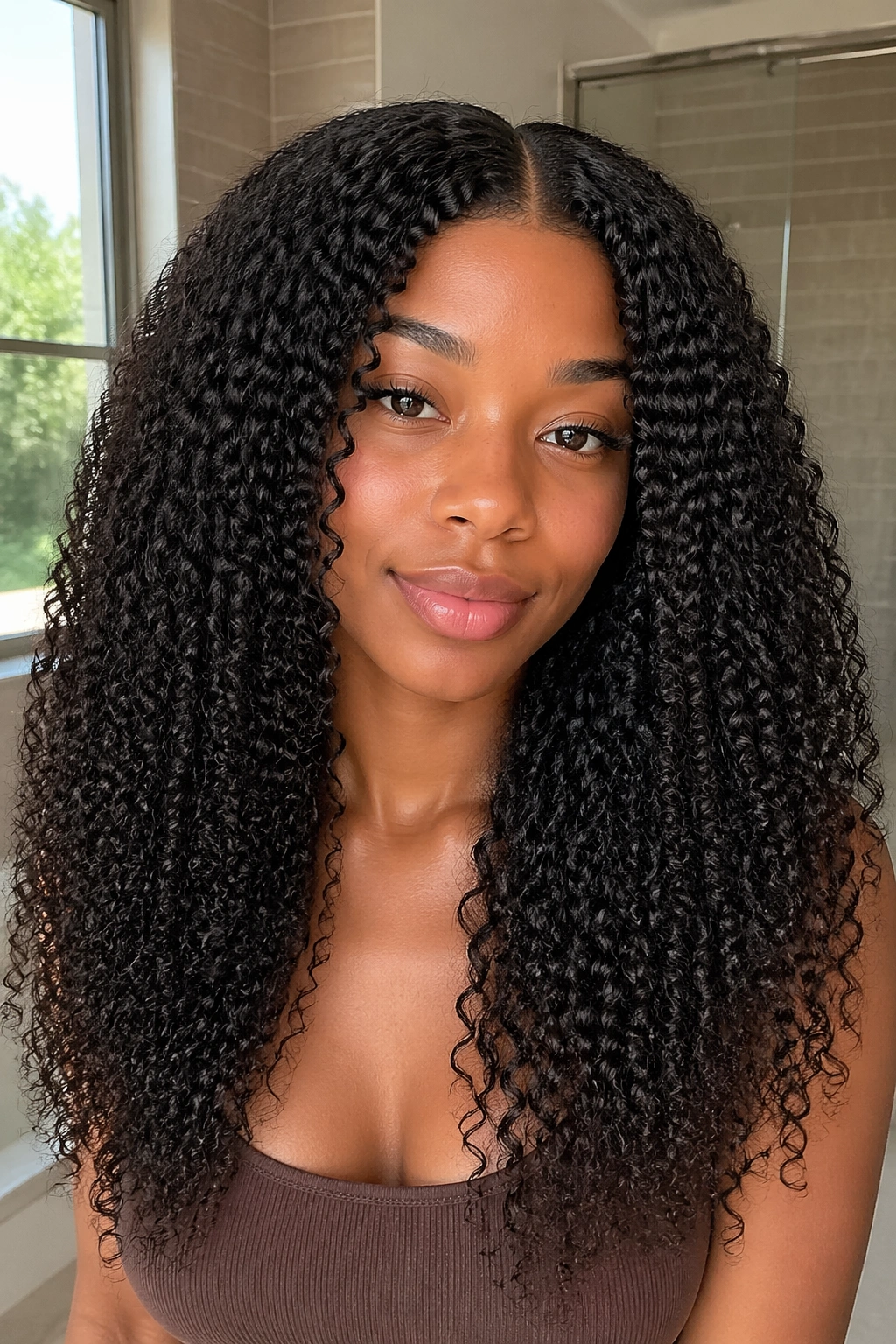 Close-up of a Black woman with a center-part wash-and-go curls