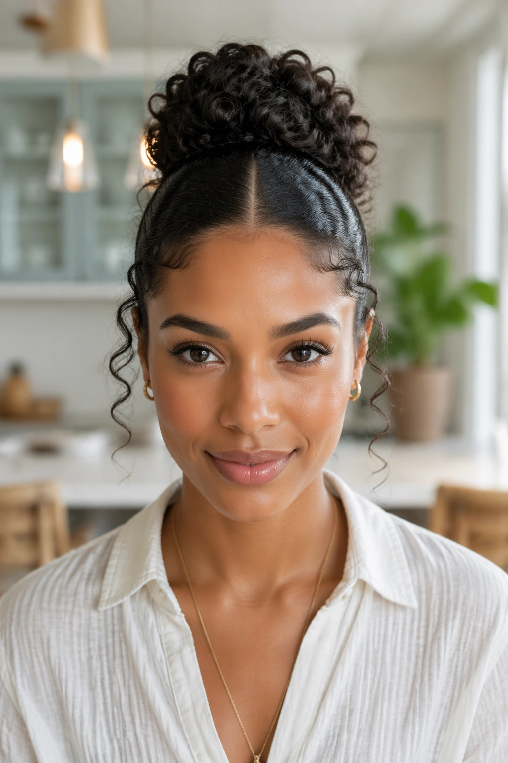 Front portrait of a real woman with a center-part and smooth roots around a bun